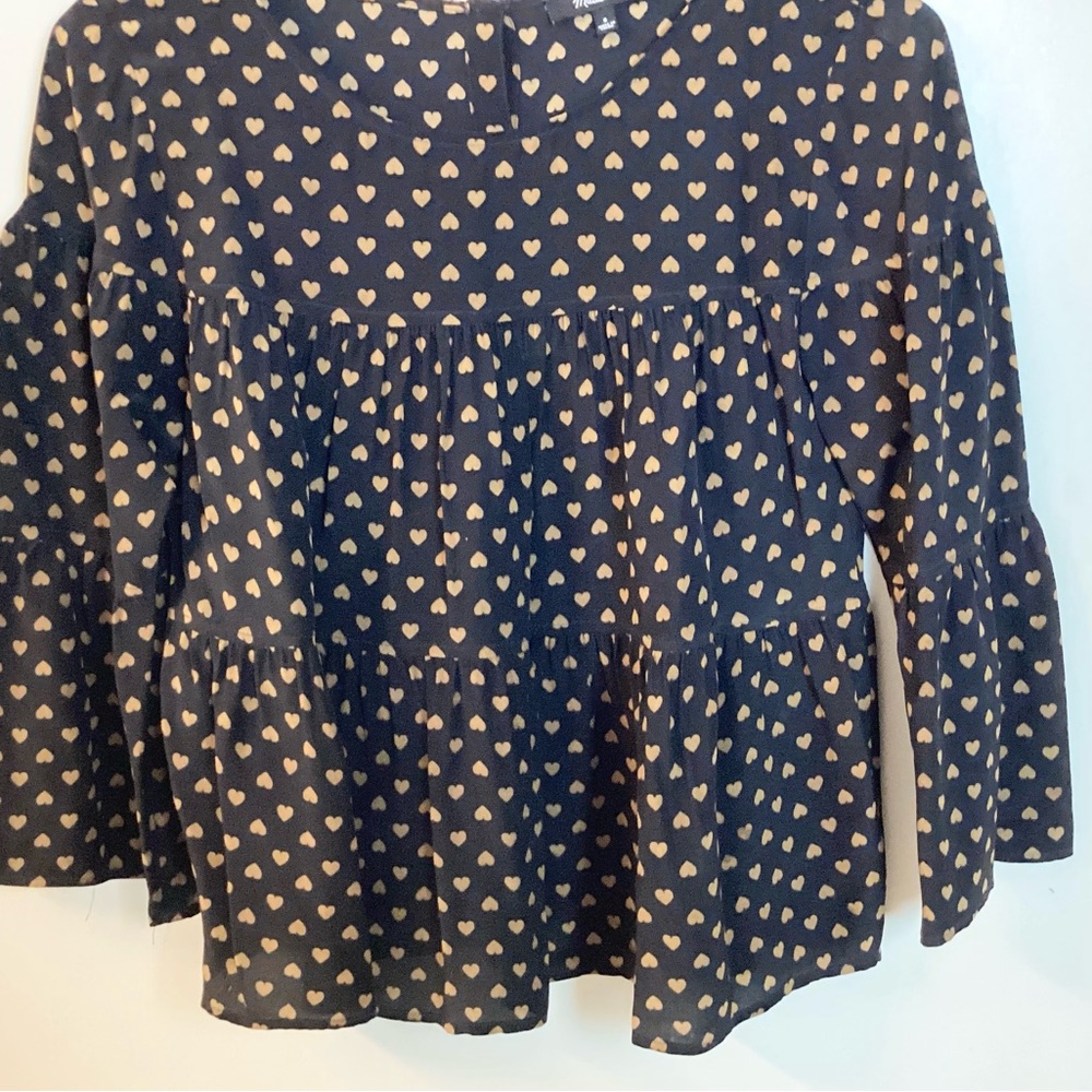Madewell Silk Tiered Button Back Heart Print Top - Black - S - Picture 4 of 8